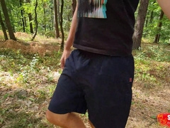 Sensitive foreskin nude runs in the woods and then wanks off