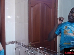 Lean black first-timer milking uncircumcised schlong in close up