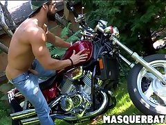 Zack is bearded muscular biker who is jerking off outdoors