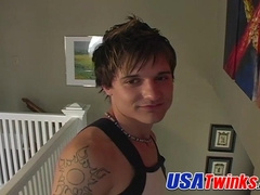 Twink Brian Beckham strips and teases his cock before releasing load