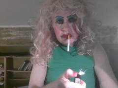 Cumslut fag trannie Sarah Millward, smokes, in cum stained mini mini-skirt indignity