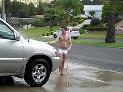 Nasty lad washes the car with a boner