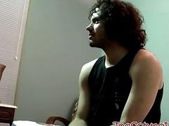 Stud with long curly hair strokes his fat meat