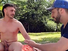 The pool boy and the curious fellow are doing it poolside