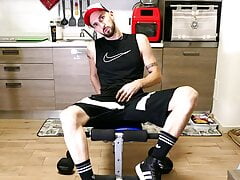 Jerking off my HUGE COCK and CUM on the weight bench - black SOCKS and SNEAKERS