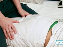 Brunette twink Jacob O takes Logan S's hard cock and gives a wild blowjob