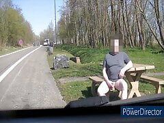 exhibition on bench parking, outdoor, public, taken