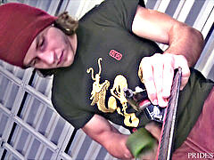 Tattooed gay skater boy takes big bare dick