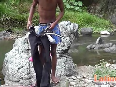 Tall lean Latino skinny-dipping before oral 2some