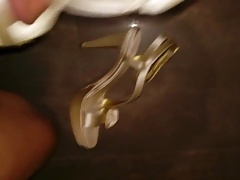 Neighbour's highheel Gold Satin Dress Sandal fucked & cummed