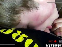 Twink films fucking his partner bareback after being sucked off