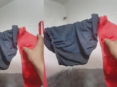 Looking at Bhabhi's 40 size bra and panty, the goods are out