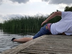 Horny European gay twink gets raw and wet outdoors by the lake