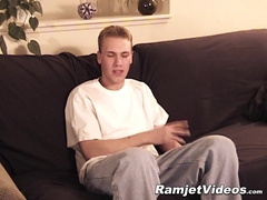 Cute gay guy lubes up his cock and wanks it until cumshot