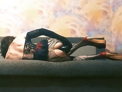 Crossdresser fuckslut romps herself with giant black fake penis