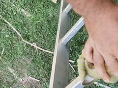 Horny construction bear masturbates on job site. Hot creamy cum