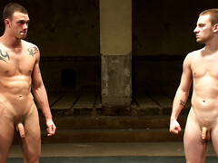 Tattooed man is wrestling a pale lad with a big dong