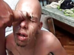 Bald stud gets his face covered in sperm after a rough anal