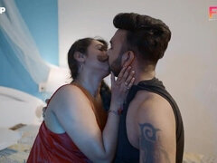 Brunette bombshell with huge Indian ass gets handjobs from two big dicks