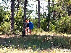 Watch this tight ginger get her tight pussy pounded in nature with a cumshot