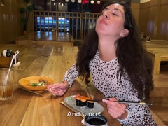 I Cum On A Girls Face In Public Sushi Bar And She Eats Rolls With Cum On Her Face - Cumwalk - Katty West