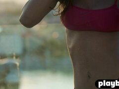 Petite black teenager model posed outdoor