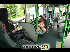 Schönheit, Braunhaarige, Bus, Reif, Milf, Öffentlich, Schreiend, Strümpfe