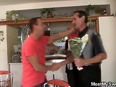 Blonde mommy seduce teen into dildo fuck