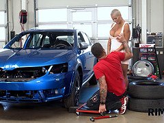 Mechanics busty wife comes to the garage and worships his ass