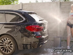 Big-Titted bikini gf wants penis after soapy car wash