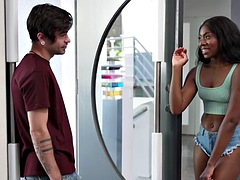 Small titted ebony beauty Amari Ann takes on her girlfriends big cock husbands cock