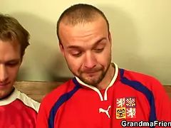 Skinny blonde granma swallows two cocks at once