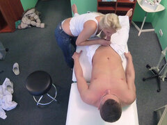 Masseuse Kathy Anderson helps her client cum