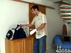 Blonde mother-in-law rides his huge dick