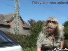 Horny blonde granny gets banged hard by her son-in-law in the back yard