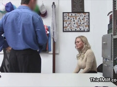 Naughty blonde MILF busted at the back office with her huge tits on display