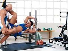 Sporty males share the gym for naughty anal workout