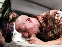 Muscular guys share the backseat for loud jerk off and heavy sex