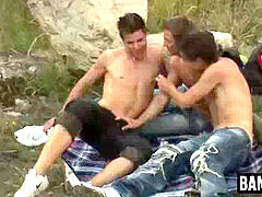 Three hung fellows have super-steamy outdoor backside fuck with cumshots