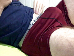 Gay cum through pants, gay handjob cumshot, edging handjob