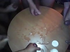 Five cocks jerking all all cumming on a table top