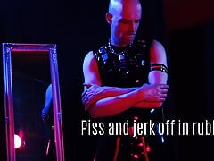 Pissing and jerk of in horny rubber