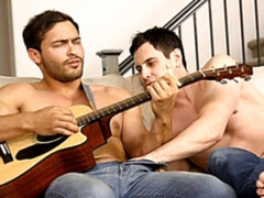 Two beefy guys fucking in an online gay anal video