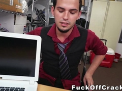 Tattooed jock interracial pounding on table after deepthroat