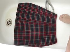 piss on red tartan school skirt