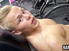youthful beefy platinum-blonde gay barebacked after working out
