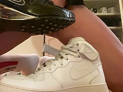 Pierced cock cumming in Nike shox