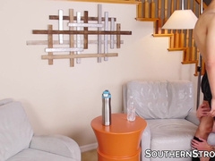 Handsome twink Justin fucked bareback after juicy blowjob