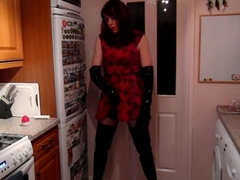 Wanking In A Red Dress And Shiny Thigh Boots
