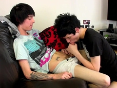Brunette twink shoves cock in his mouth and provides great views